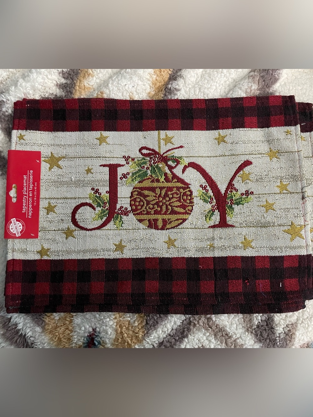 Holiday JOY Decorative Tapestry Placemat - Red Black Green and Gold